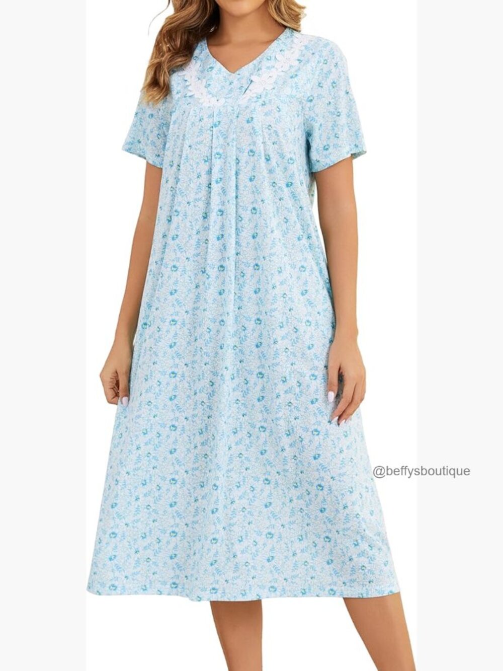 Cotton Short Sleeve Nightgown - V Neck Sleep Dress with Pockets, Loose Fit